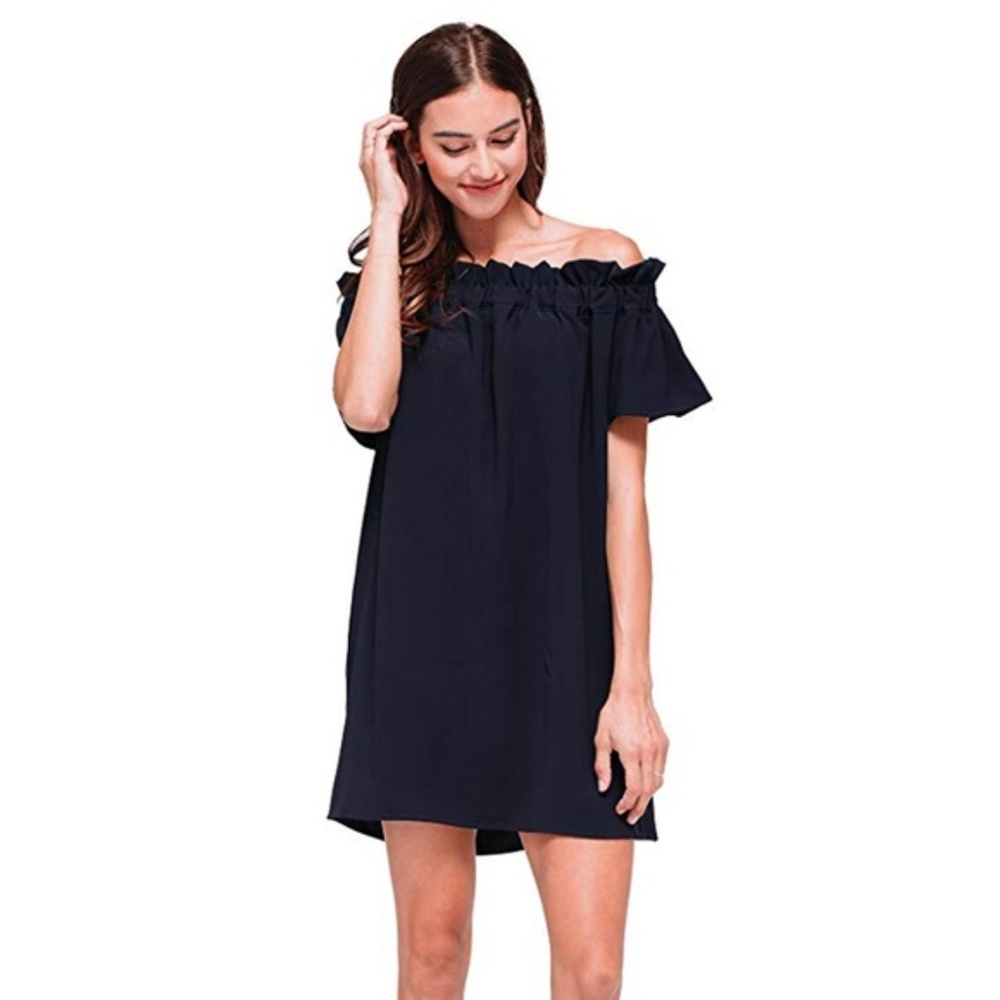 Pleione Off The Shoulder Dress Navy Ruffle Bodice